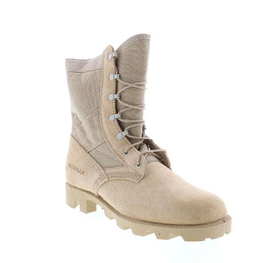 A beige Altama military boot with lace-up closure and a rubber sole.