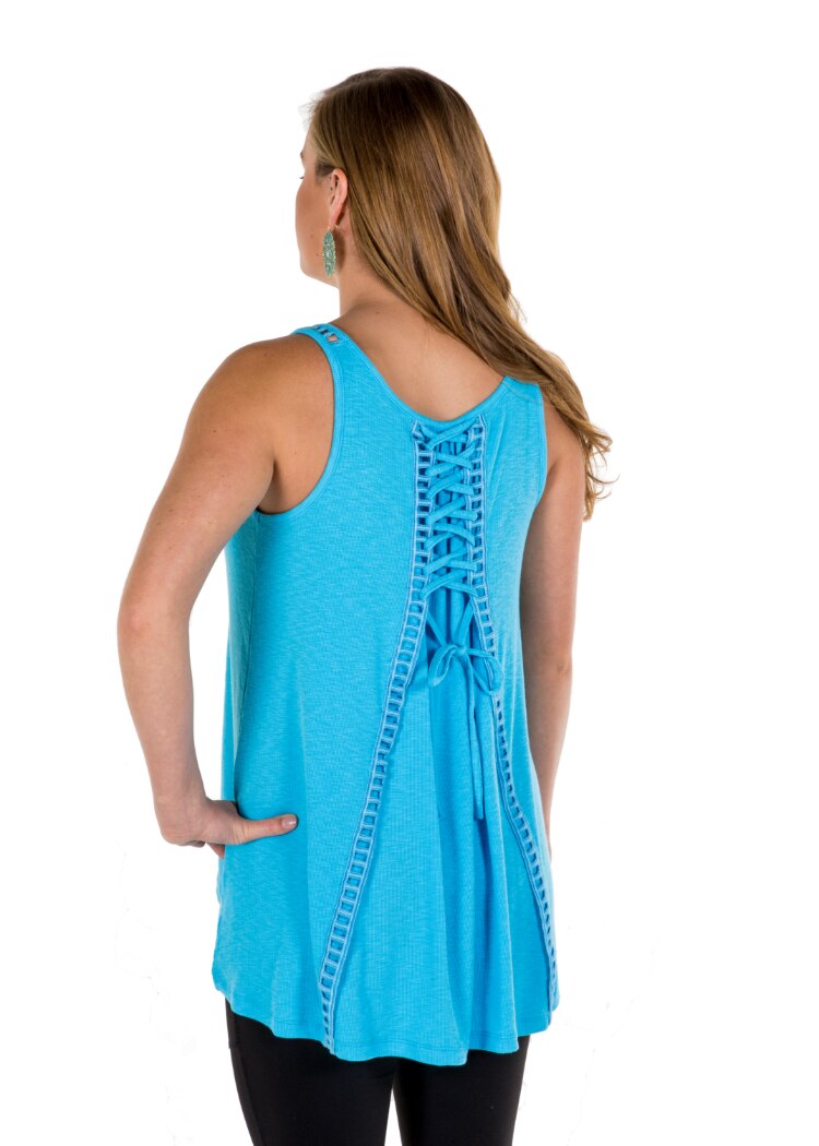 Noble Outfitters 20519-697 Womens Madeline Lace Up Tank Blue Shirt