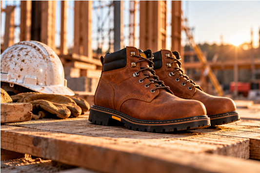 Durable brown work boots on a job site beside a hard hat and work gloves.