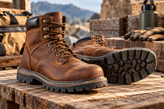 Brown leather work boots with rugged lug outsoles for demanding work and outdoor use