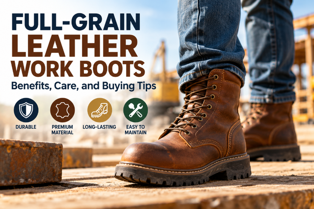 Brown leather work boots with rugged outsoles in an outdoor worksite setting.