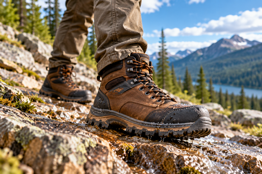 Rugged brown and black hiking work boots on wet rocky terrain with mountains and evergreen trees in the background