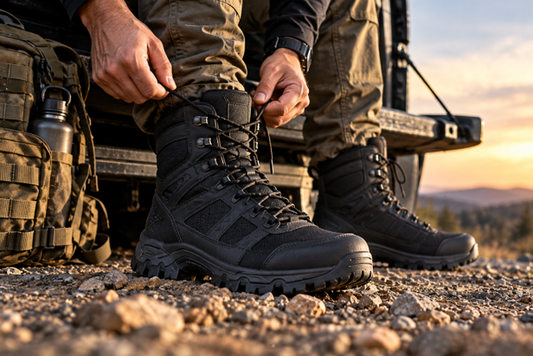 A row of rugged lightweight tactical and work boots displayed on a workbench at a job site