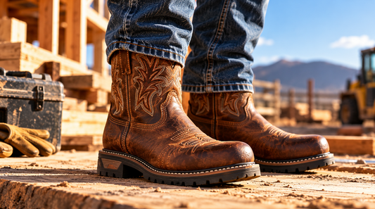 Brown leather cowboy work boots with rugged outsoles in a construction work setting.
