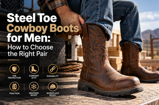 Brown leather steel toe cowboy work boots with rugged outsoles in a worksite setting.