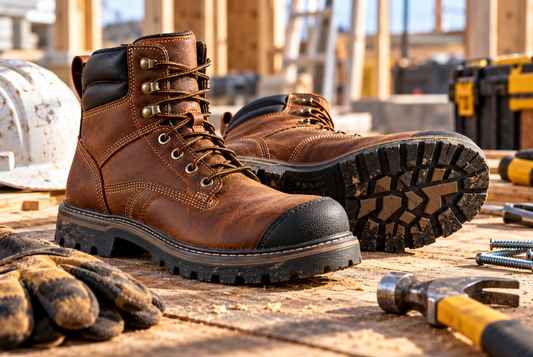 Men's brown leather work boots with rugged outsoles for demanding work environments.