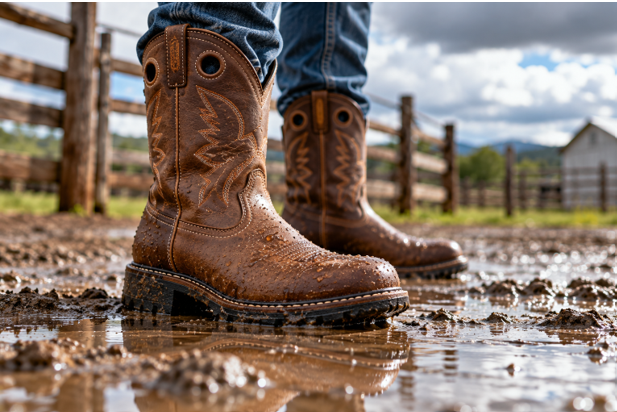 Brown western leather boots with decorative stitching standing in a shallow puddle on a ranch.