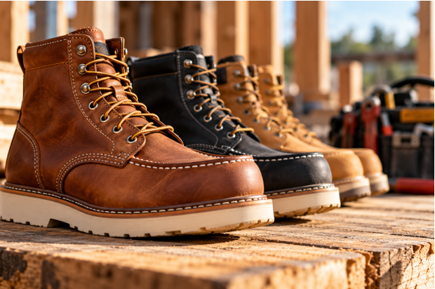 Tan leather moc toe work boots with contrast stitching and wedge soles displayed in a workshop