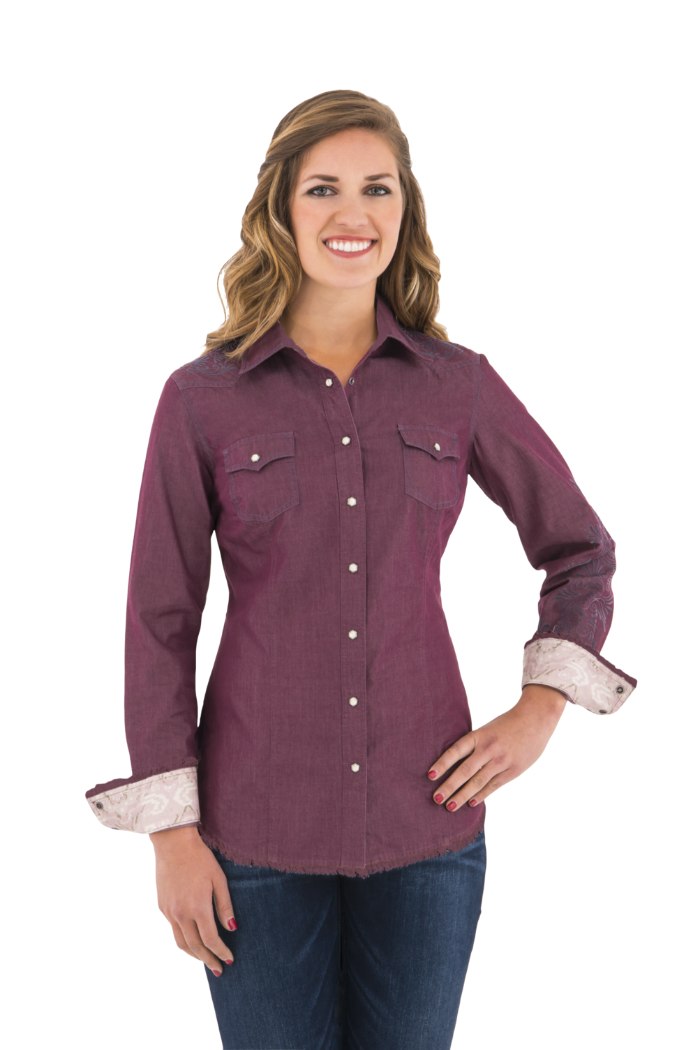 Noble Outfitters 21004-672 Womens Rock Roll Denim Western Snap Frayed Shirt