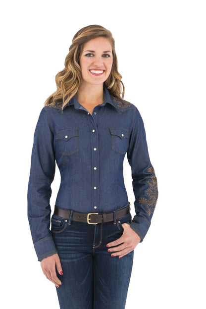 Noble Outfitters 21004-723 Womens Rock Roll Denim Western Snap Frayed Shirt