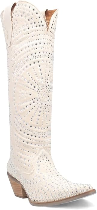 Dingo Honkytonk Honey Di162-WHI Women’s White Rhinestone Snip Toe Knee-High Cowboy Boots – 2–3" Mid Heel - White