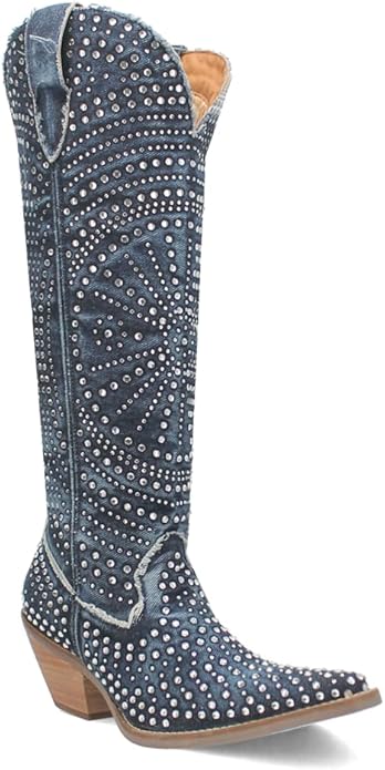 Dingo Honkytonk Honey Di162-BLU Women’s Rhinestone Snip Toe Knee-High Casual Boots – Blue, 2–3" Mid Heel