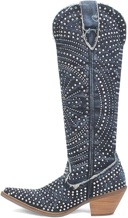 Dingo Honkytonk Honey Di162-BLU Women’s Rhinestone Snip Toe Knee-High Casual Boots – Blue, 2–3" Mid Heel