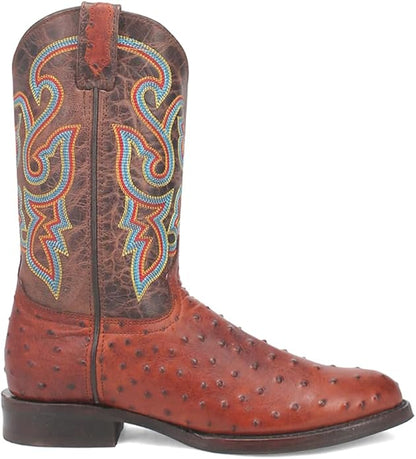 Dingo Ranger DI131-TAN Men’s Leather Ostrich Print Round Toe Western Casual Boots - Tan