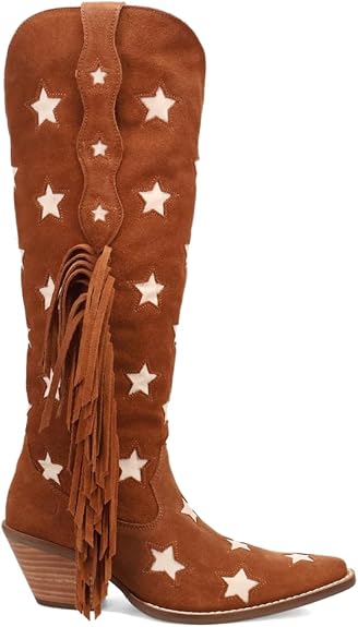 Dingo Womens Super Star Fringe Tooled Inlay Snip Toe Casual Boots Over the Knee Mid Heel 2-3"