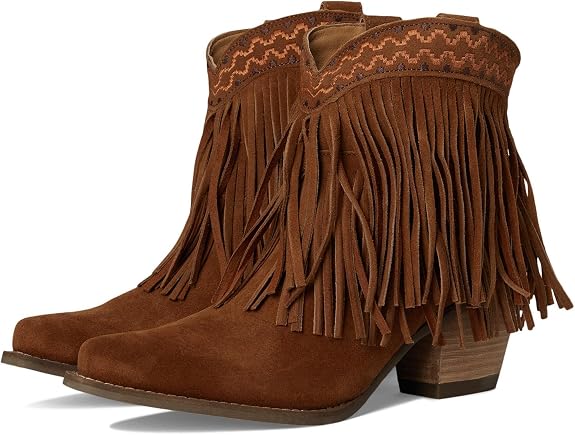 Dingo Womens Tapadero Southwest Fringe Snip Toe Casual Boots Mid Heel 2-3"