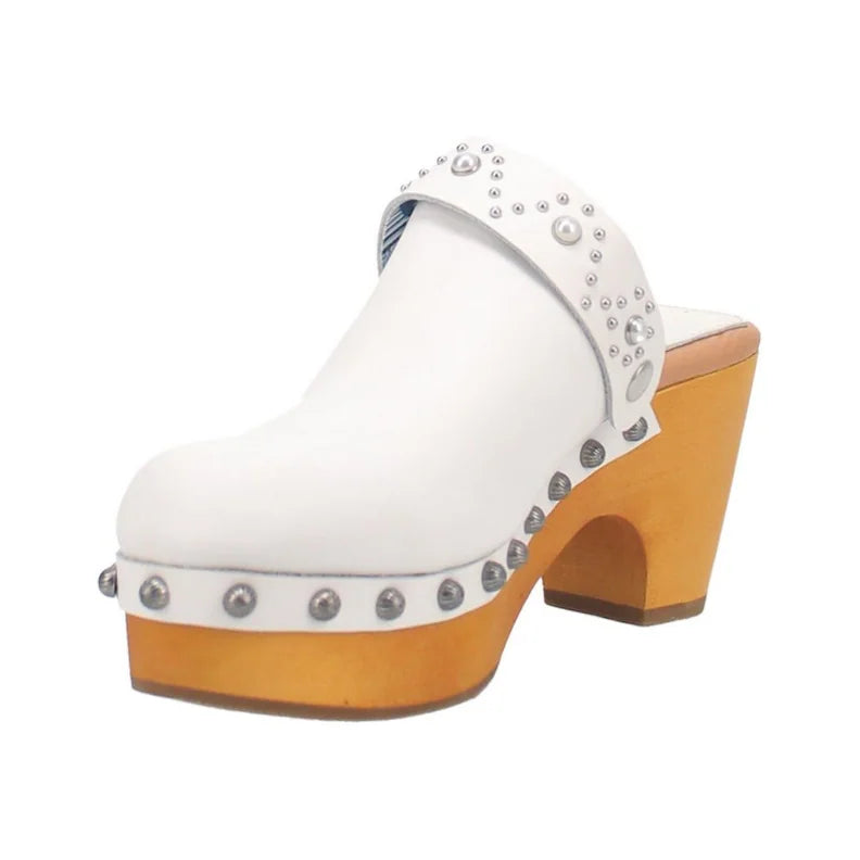 Dingo Deadwood Di917-WHI Women’s Leather Slip-On Clog Shoes - White
