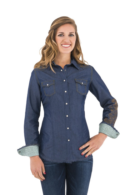 Noble Outfitters 21004-723 Womens Rock Roll Denim Western Snap Frayed Shirt