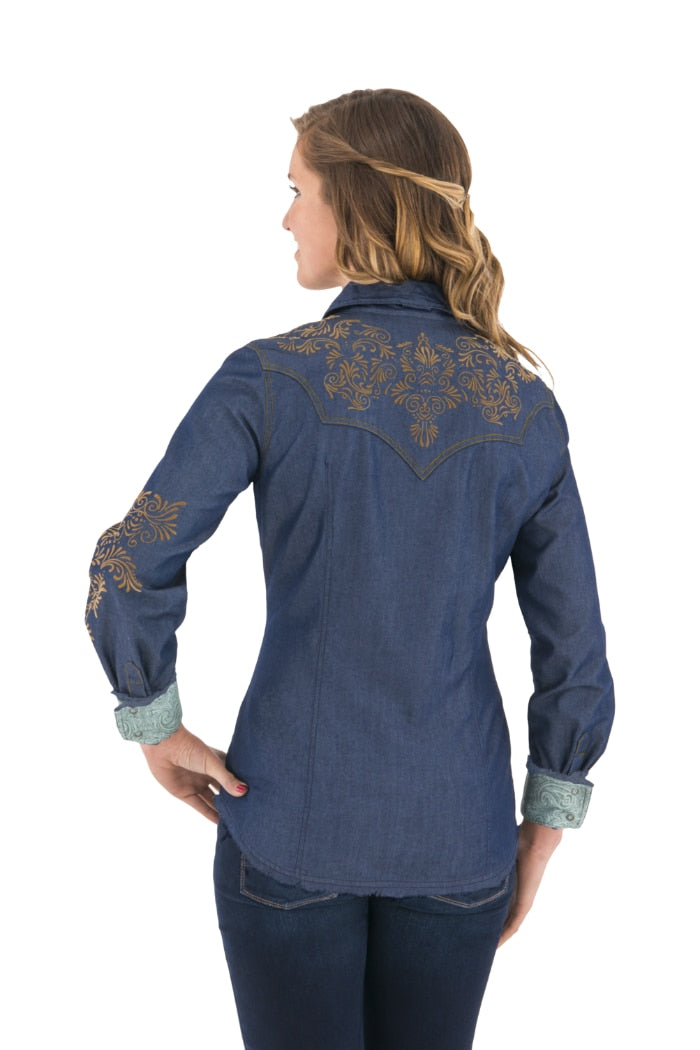 Noble Outfitters 21004-723 Womens Rock Roll Denim Western Snap Frayed Shirt